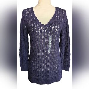 Ann Taylor LOFT Open Knit V-neck Pullover Sweater Top Navy Blue Women's M NWT